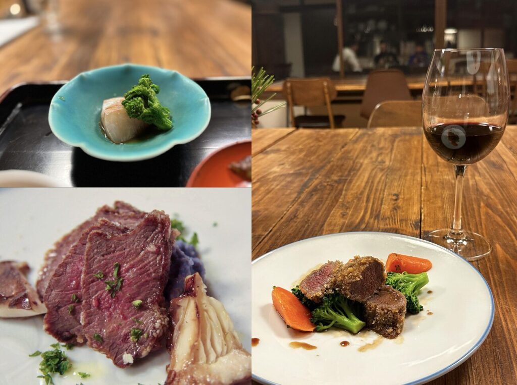 A variety of meat and vegetables on plates. 
