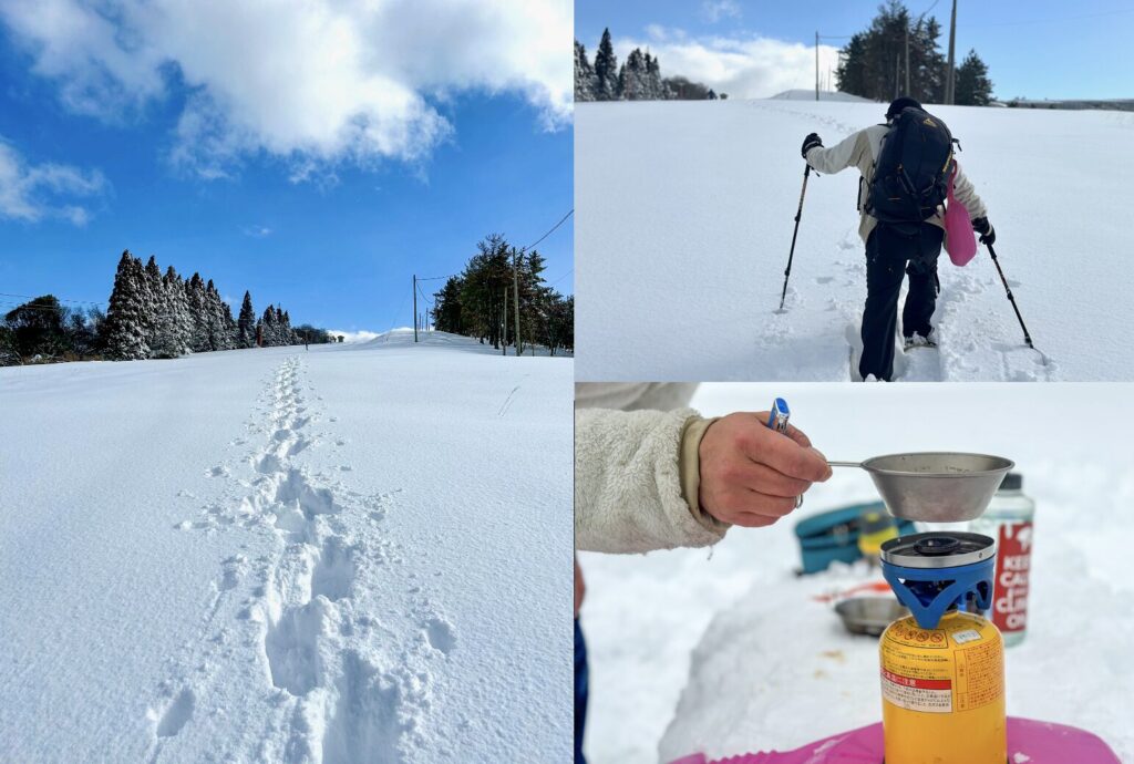 A man in skies walking up a snowy slope and warming a metal bowl over a gas burner