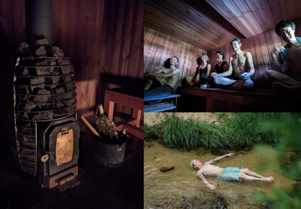 A furnace, people in a sauna, and a person floating in a stream outside.